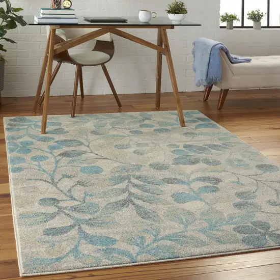 Ivory And Turquoise Botanical Leaves Area Rug Photo 7