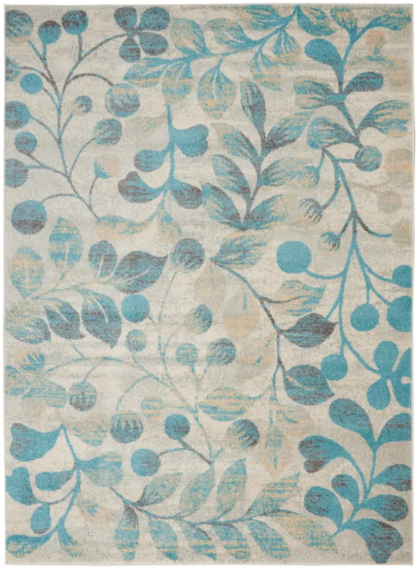 Ivory And Turquoise Botanical Leaves Area Rug Photo 2