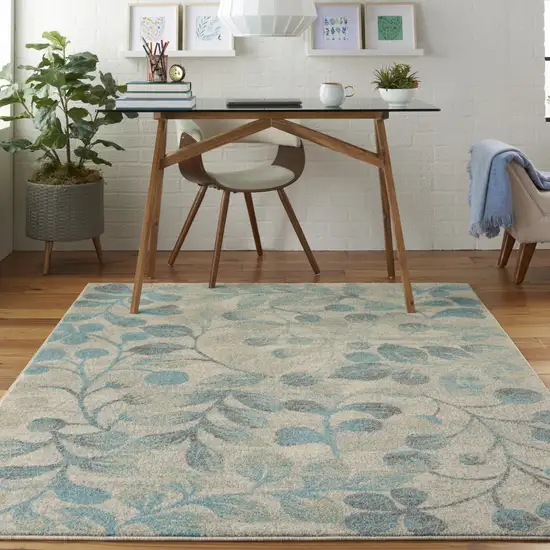 Ivory And Turquoise Botanical Leaves Area Rug Photo 5