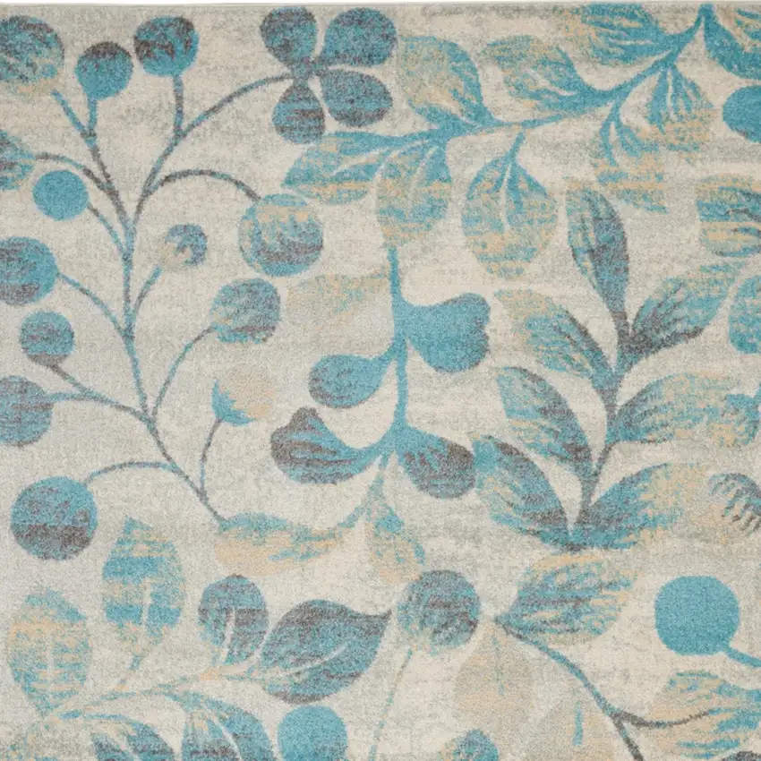 Ivory And Turquoise Botanical Leaves Area Rug Photo 8