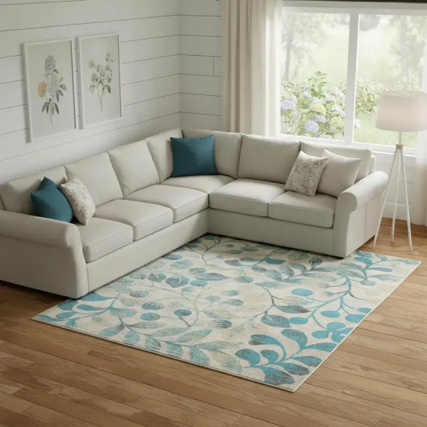 Ivory And Turquoise Botanical Leaves Area Rug Photo 1