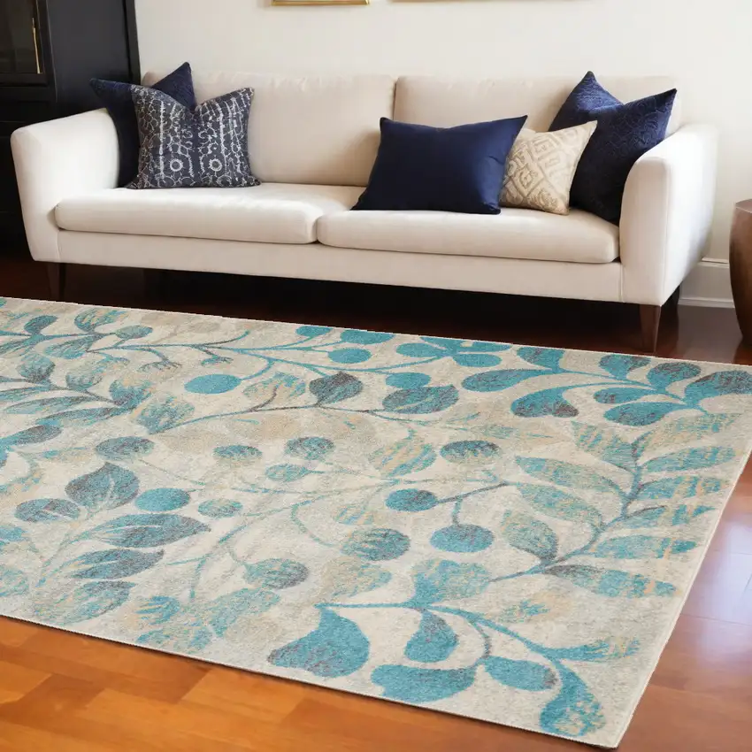 Ivory And Turquoise Botanical Leaves Area Rug Photo 1