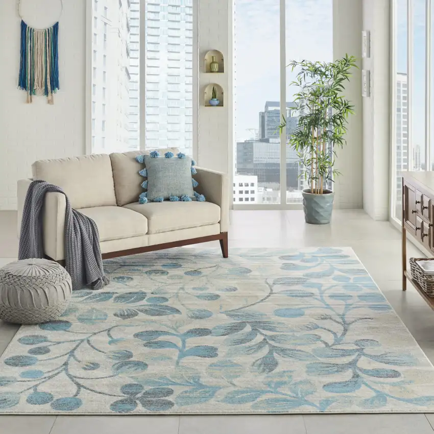 Ivory And Turquoise Botanical Leaves Area Rug Photo 5