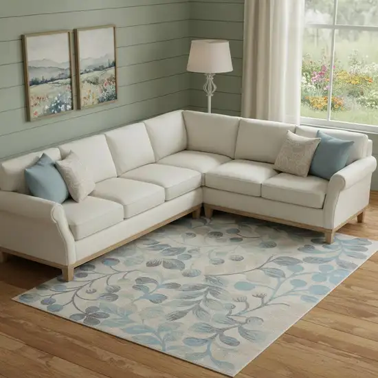 Ivory And Turquoise Botanical Leaves Area Rug Photo 1