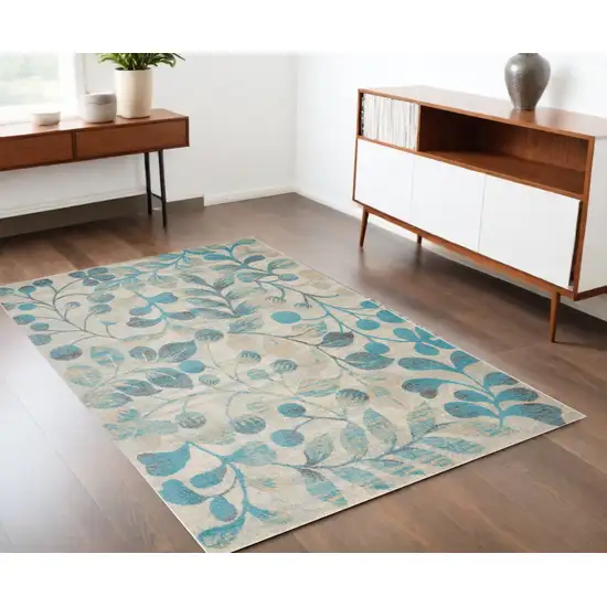 Ivory And Turquoise Botanical Leaves Area Rug Photo 1