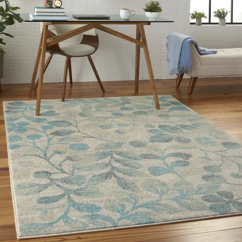 Ivory And Turquoise Botanical Leaves Area Rug Photo 7