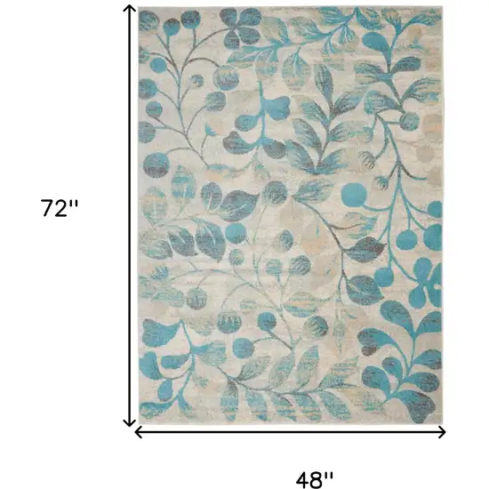 Ivory And Turquoise Botanical Leaves Area Rug Photo 3