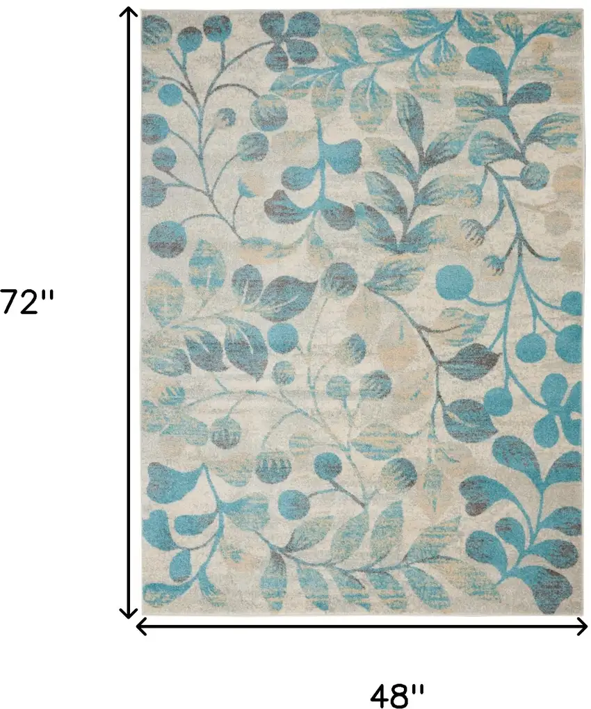 Ivory And Turquoise Botanical Leaves Area Rug Photo 3