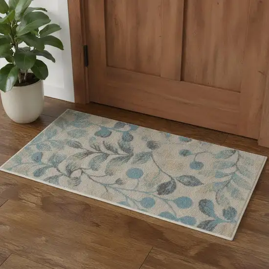 Ivory And Turquoise Botanical Leaves Area Rug Photo 1