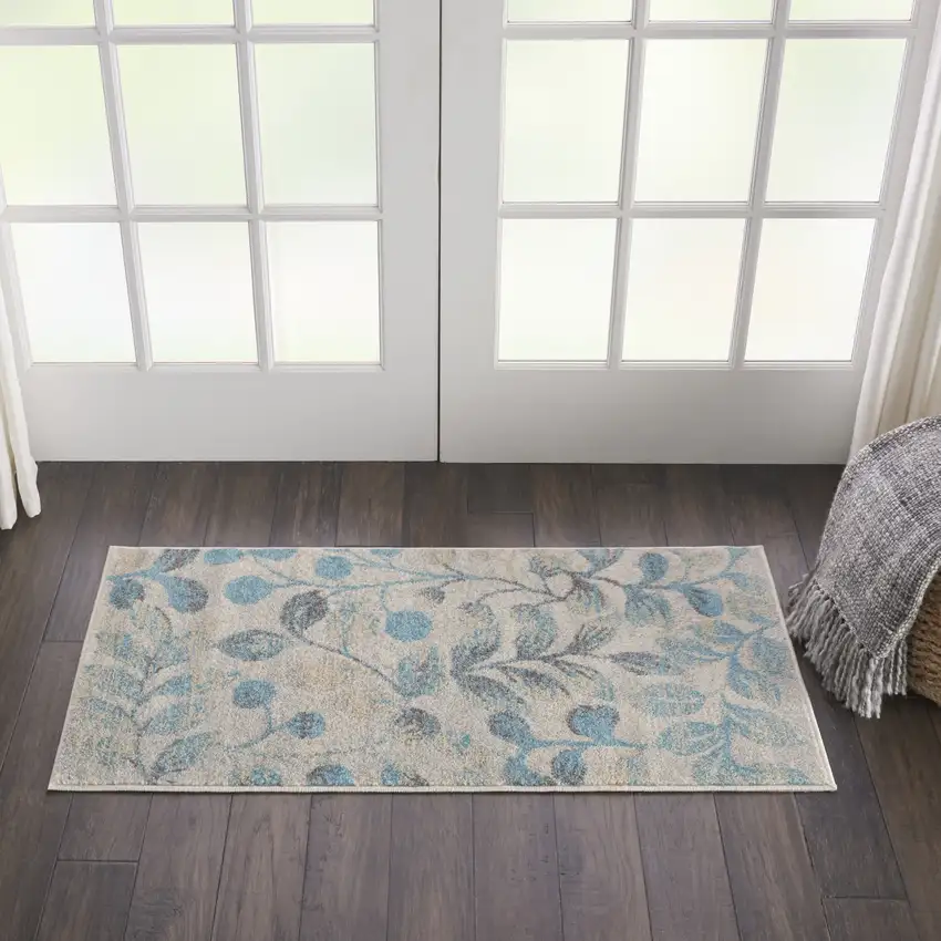 Ivory And Turquoise Botanical Leaves Area Rug Photo 6