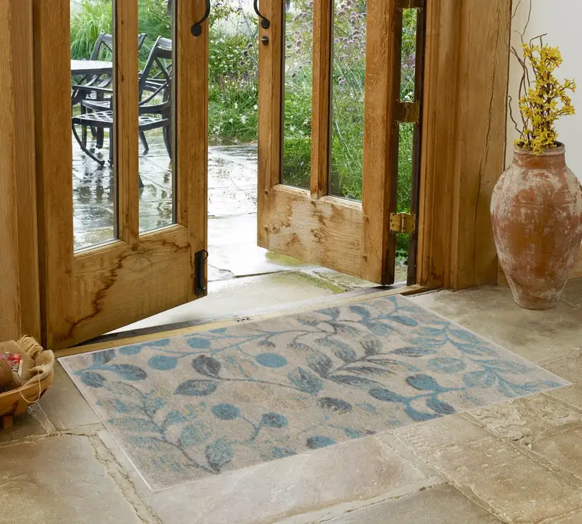 Ivory And Turquoise Botanical Leaves Area Rug Photo 1