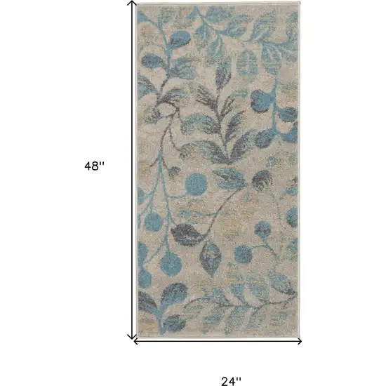 Ivory And Turquoise Botanical Leaves Area Rug Photo 3