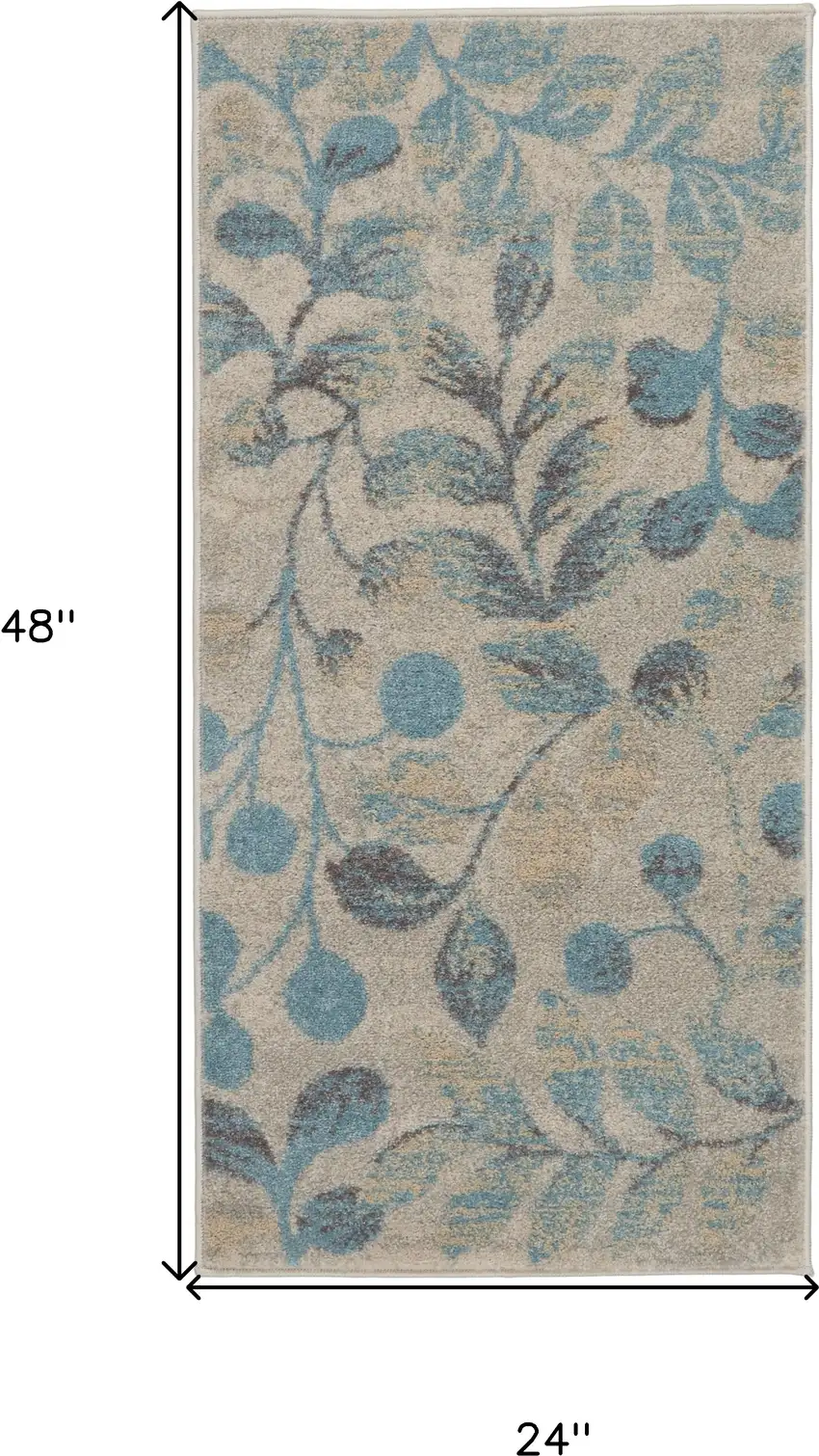 Ivory And Turquoise Botanical Leaves Area Rug Photo 3
