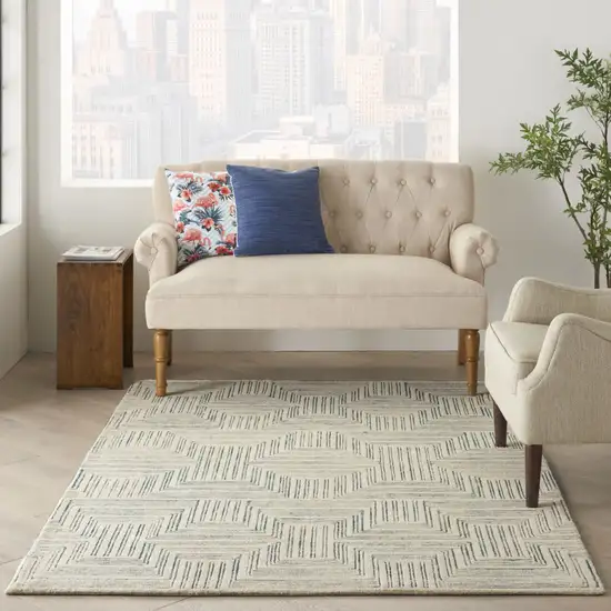 Ivory And Turquoise Wool Geometric Area Rug Photo 4