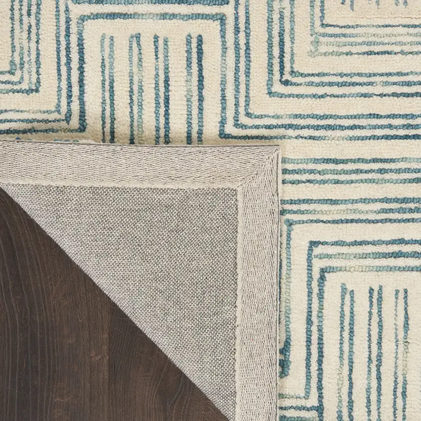 Ivory And Turquoise Wool Geometric Area Rug Photo 9