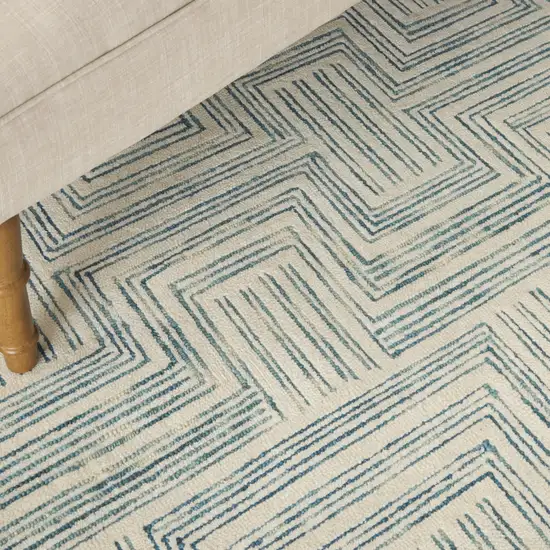 Ivory And Turquoise Wool Geometric Area Rug Photo 8