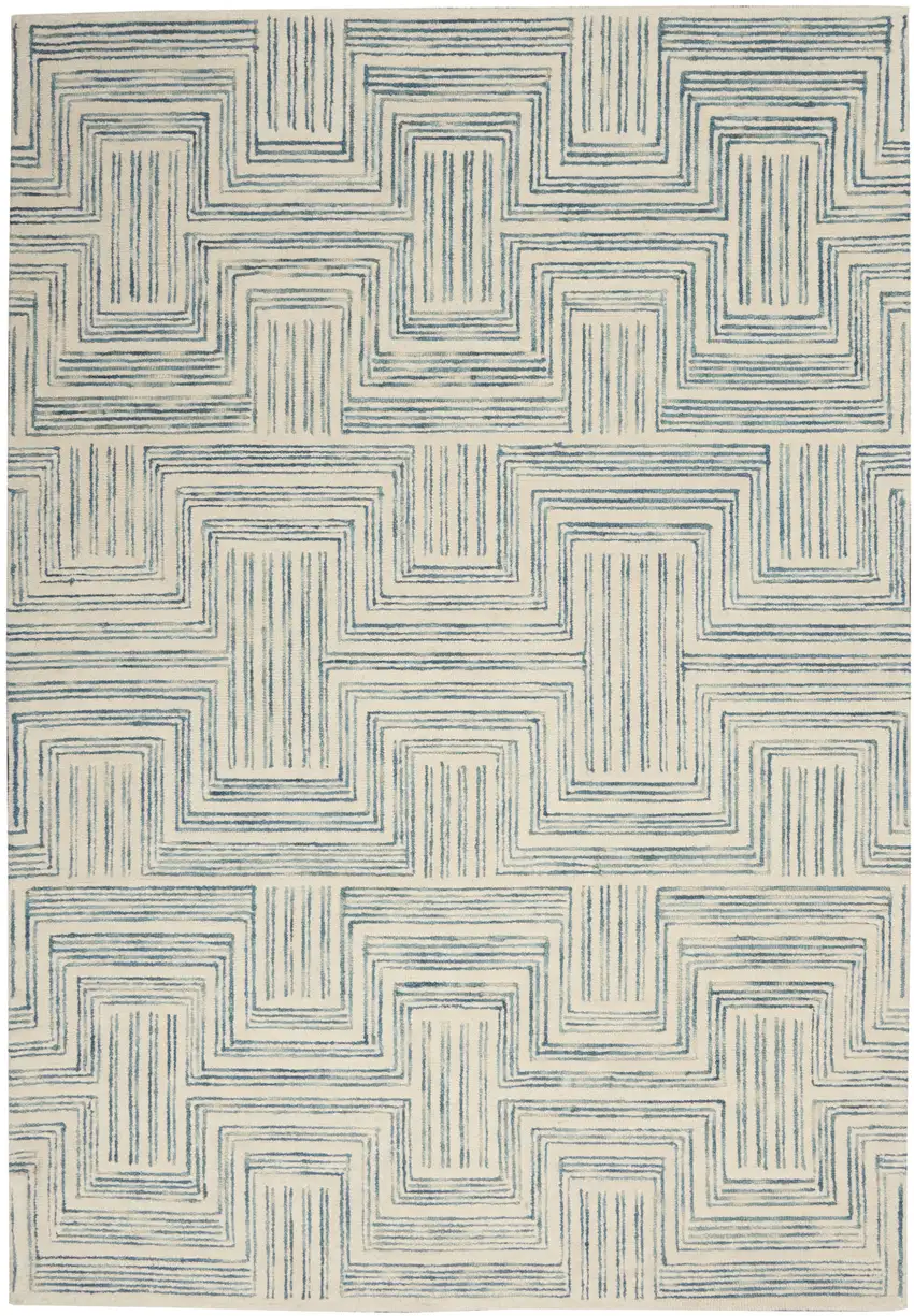 Ivory And Turquoise Wool Geometric Area Rug Photo 2