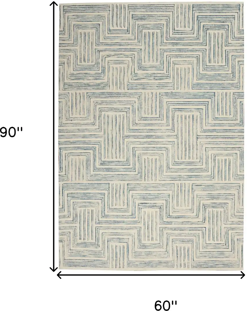 Ivory And Turquoise Wool Geometric Area Rug Photo 3