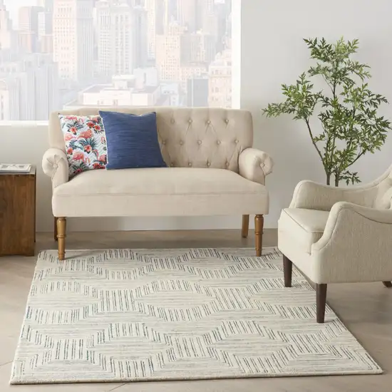 Ivory And Turquoise Wool Geometric Area Rug Photo 5