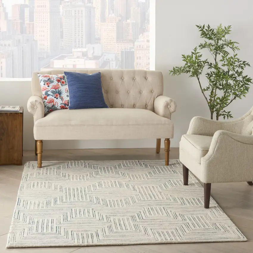 Ivory And Turquoise Wool Geometric Area Rug Photo 5