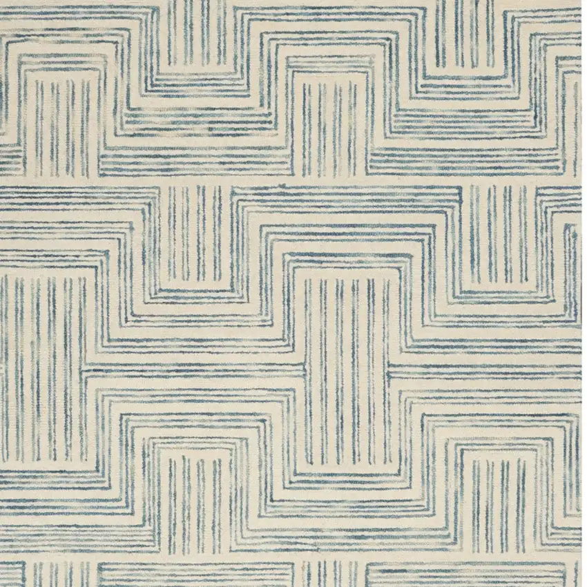 Ivory And Turquoise Wool Geometric Area Rug Photo 7