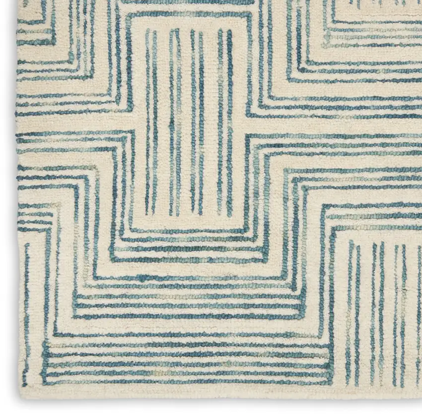Ivory And Turquoise Wool Geometric Area Rug Photo 6