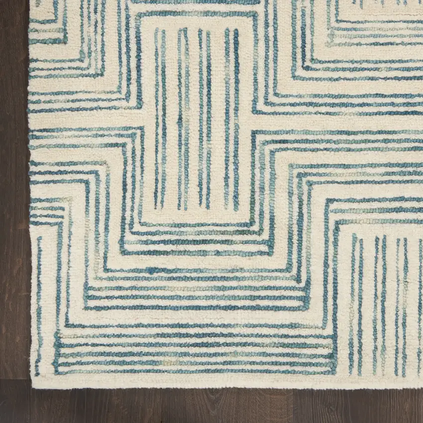 Ivory And Turquoise Wool Geometric Area Rug Photo 9