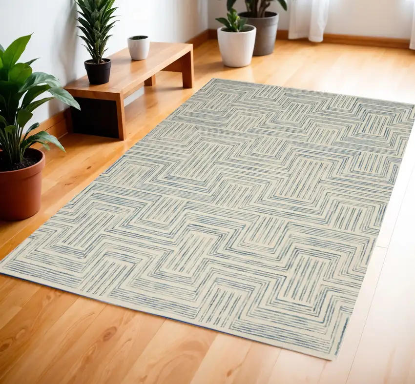 Ivory And Turquoise Wool Geometric Area Rug Photo 1