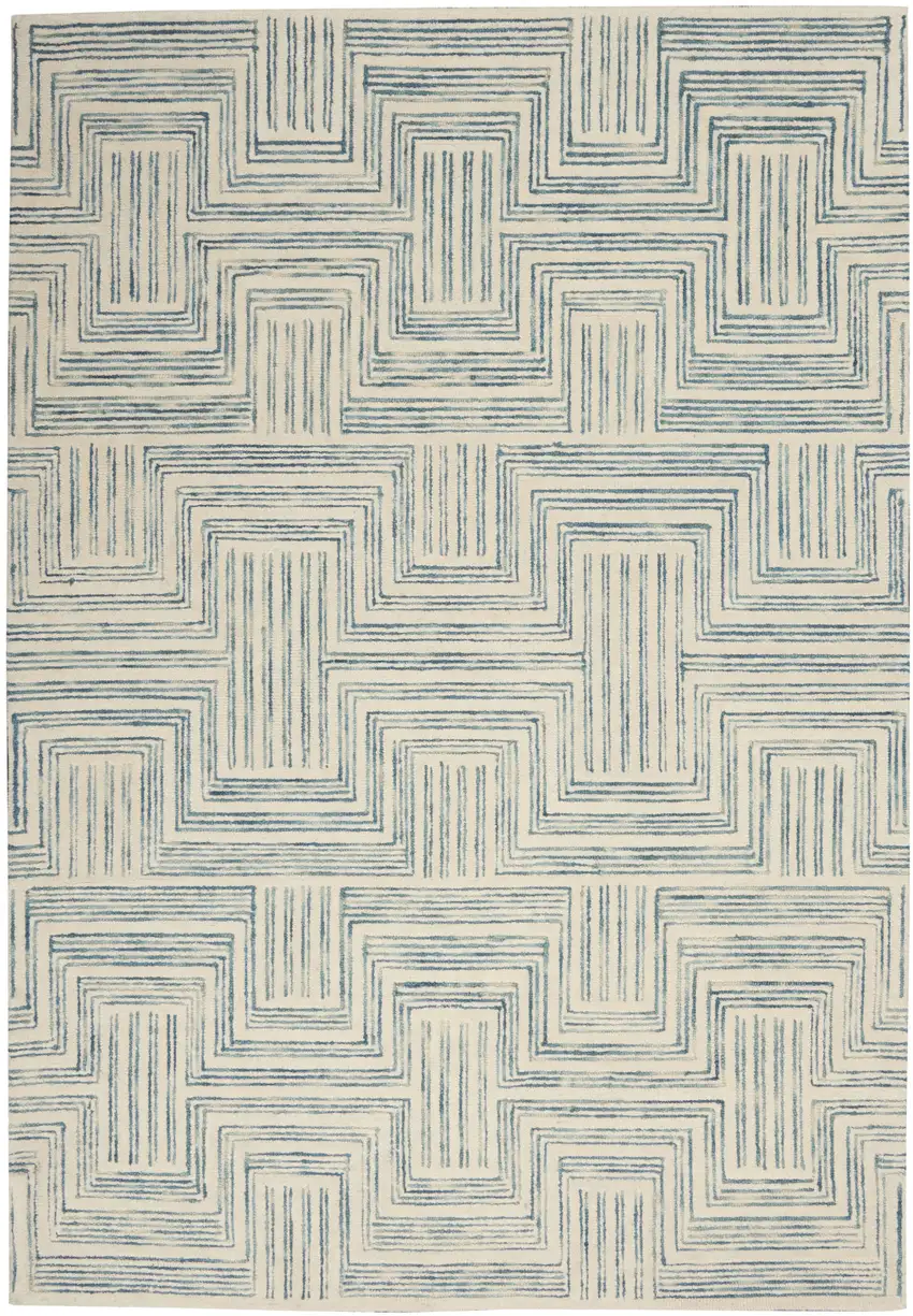 Ivory And Turquoise Wool Geometric Area Rug Photo 1