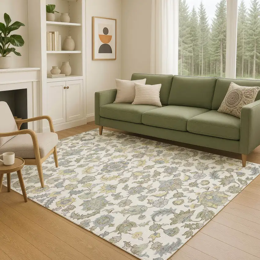 Ivory And Wheat Floral Medallion Washable Indoor Outdoor Area Rug Photo 5