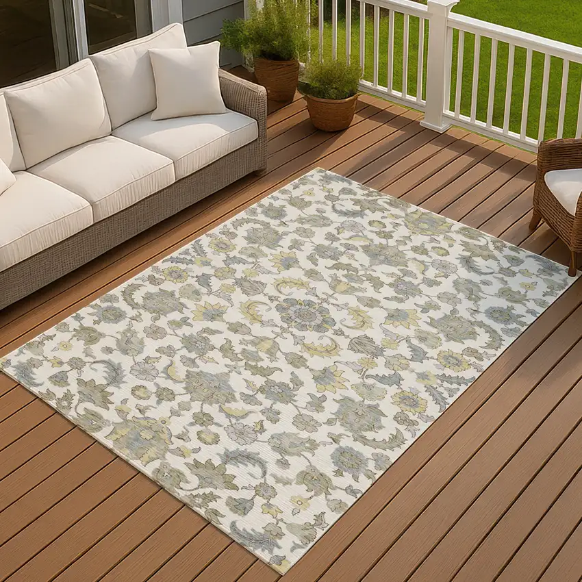 Ivory And Wheat Floral Medallion Washable Indoor Outdoor Area Rug Photo 7