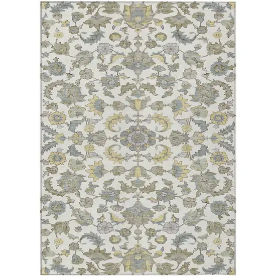 Ivory And Wheat Floral Medallion Washable Indoor Outdoor Area Rug Photo 1