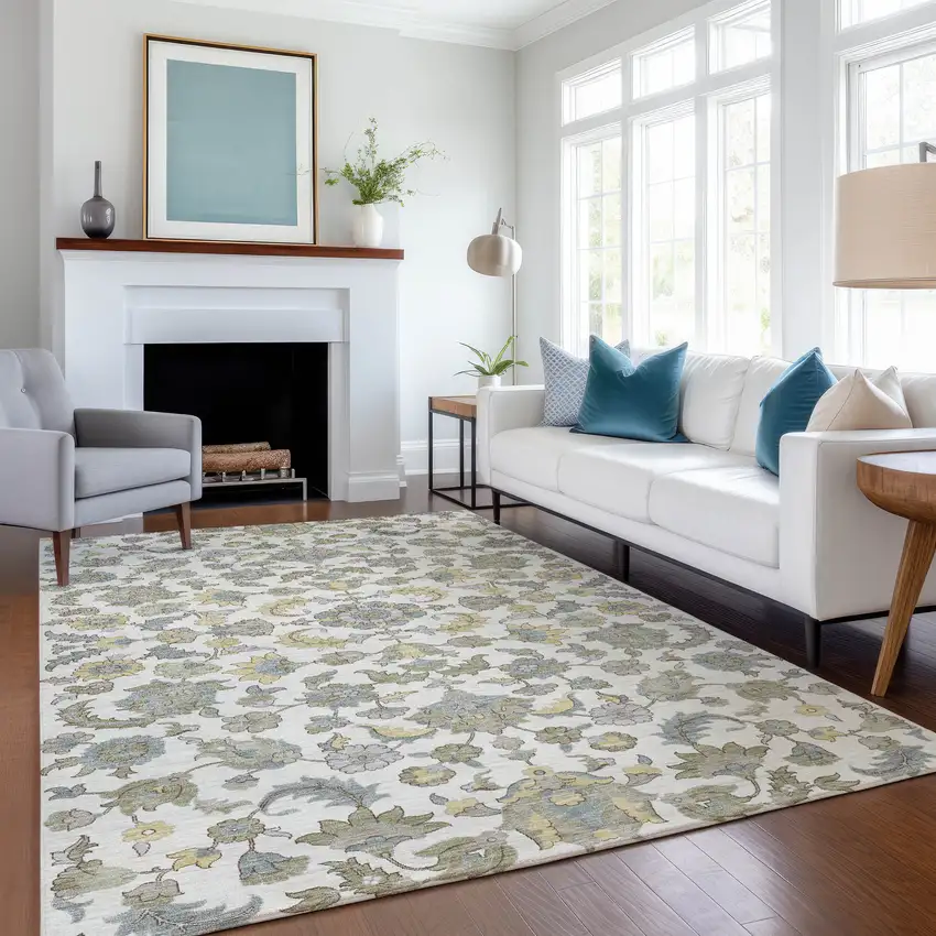 Ivory And Wheat Floral Medallion Washable Indoor Outdoor Area Rug Photo 6