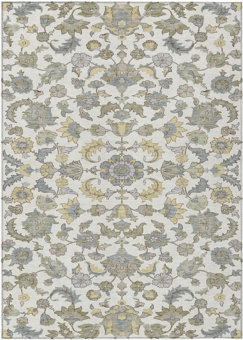 Ivory And Wheat Floral Medallion Washable Indoor Outdoor Area Rug Photo 1