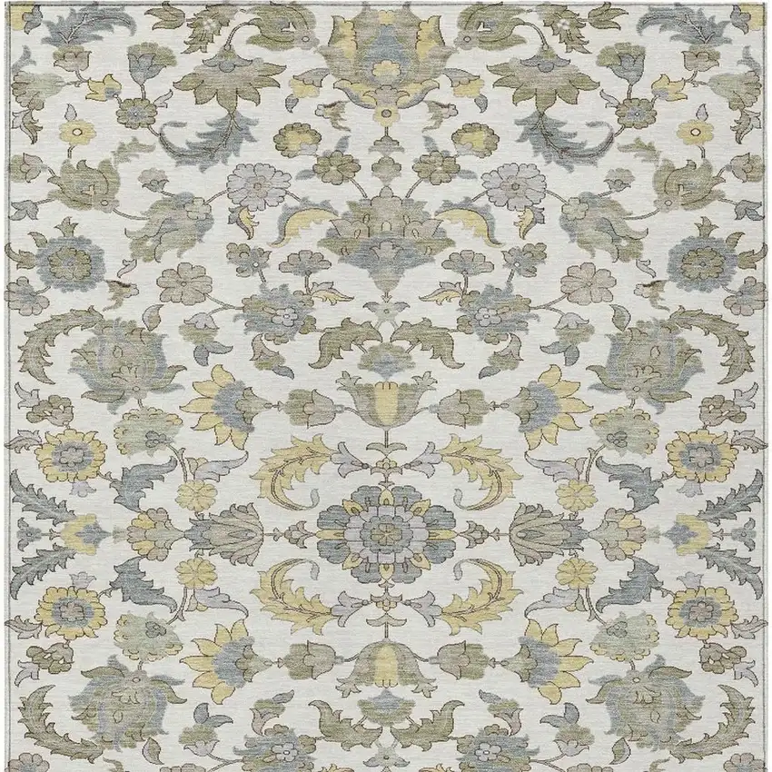 Ivory And Wheat Floral Medallion Washable Indoor Outdoor Area Rug Photo 3