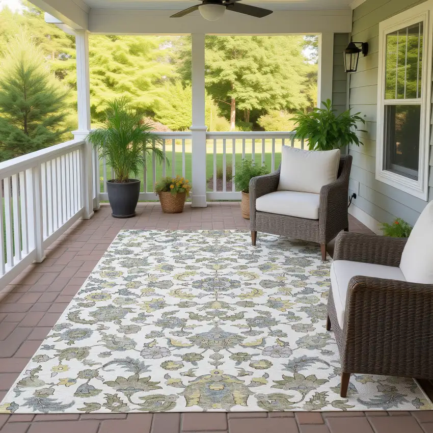 Ivory And Wheat Floral Medallion Washable Indoor Outdoor Area Rug Photo 4