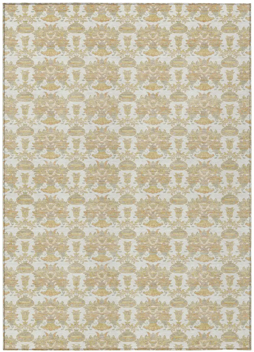 Ivory And Wheat Floral Washable Indoor Outdoor Area Rug Photo 2