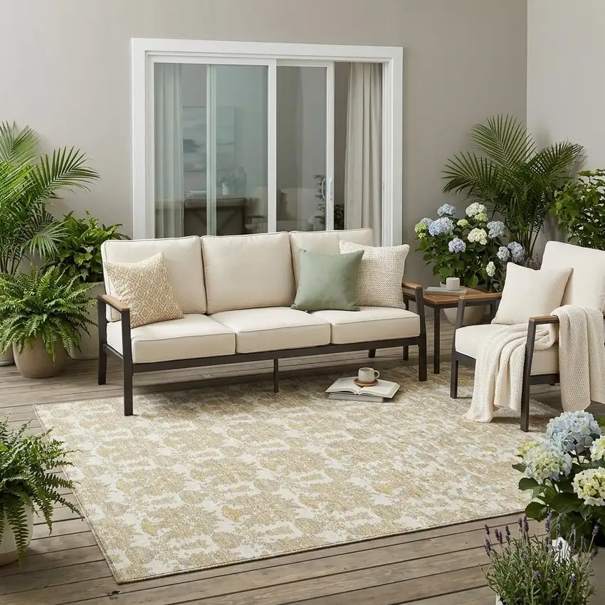 Ivory And Wheat Floral Washable Indoor Outdoor Area Rug Photo 1
