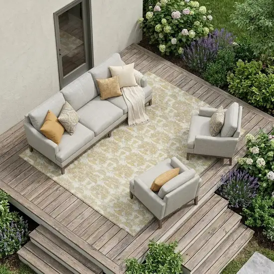 Ivory And Wheat Floral Washable Indoor Outdoor Area Rug Photo 1
