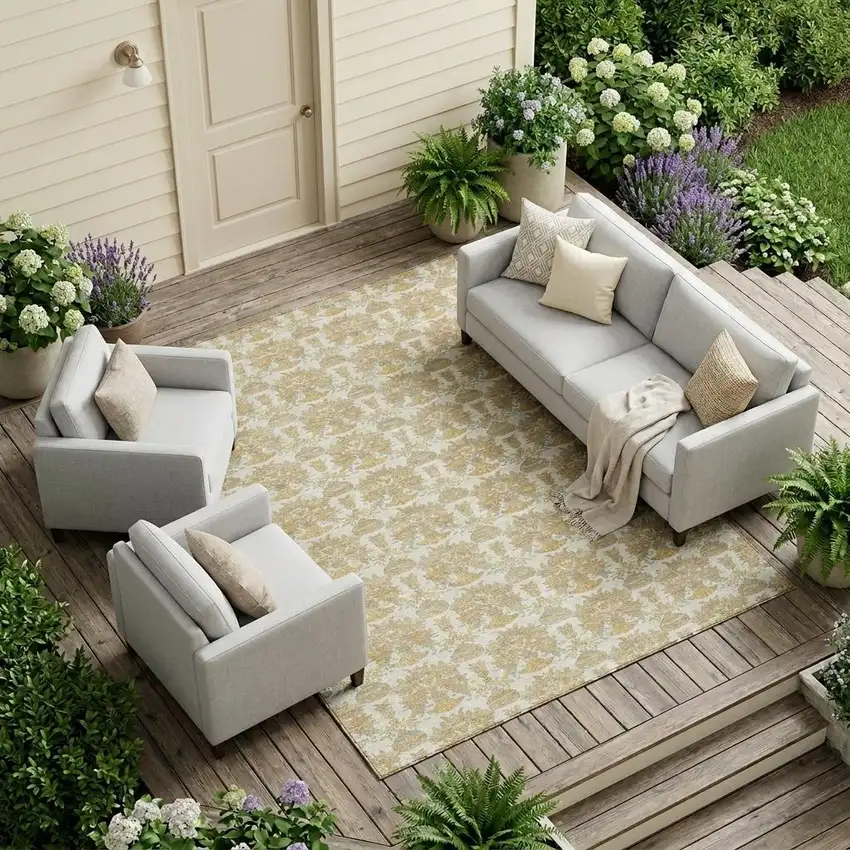 Ivory And Wheat Floral Washable Indoor Outdoor Area Rug Photo 1