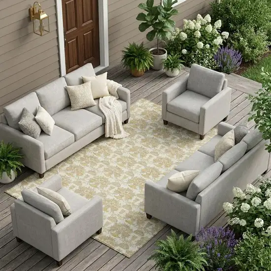 Ivory And Wheat Floral Washable Indoor Outdoor Area Rug Photo 1