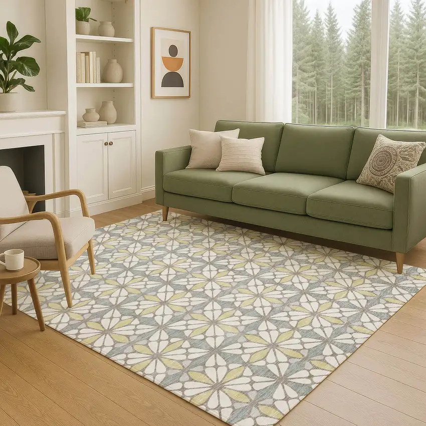 Ivory And Wheat Geometric Washable Indoor Outdoor Area Rug Photo 5
