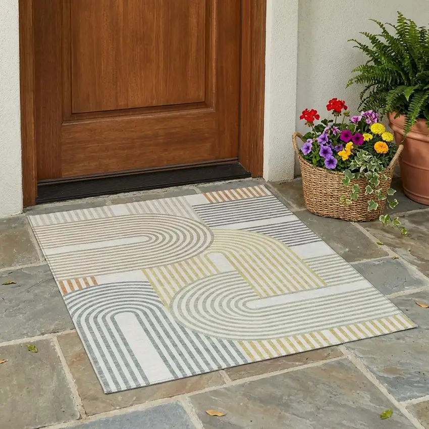 Ivory And Wheat Geometric Washable Indoor Outdoor Area Rug Photo 1