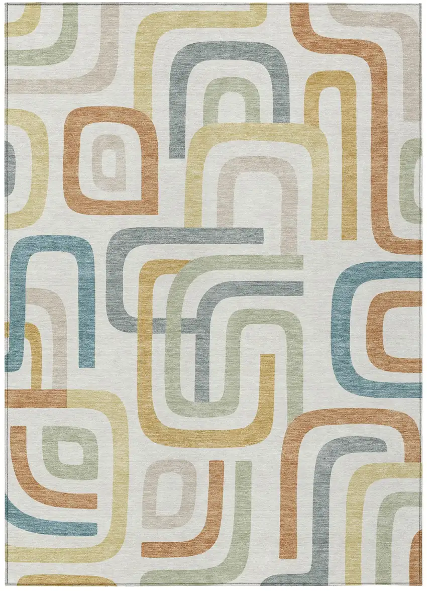 Ivory And Wheat Geometric Washable Indoor Outdoor Area Rug Photo 5