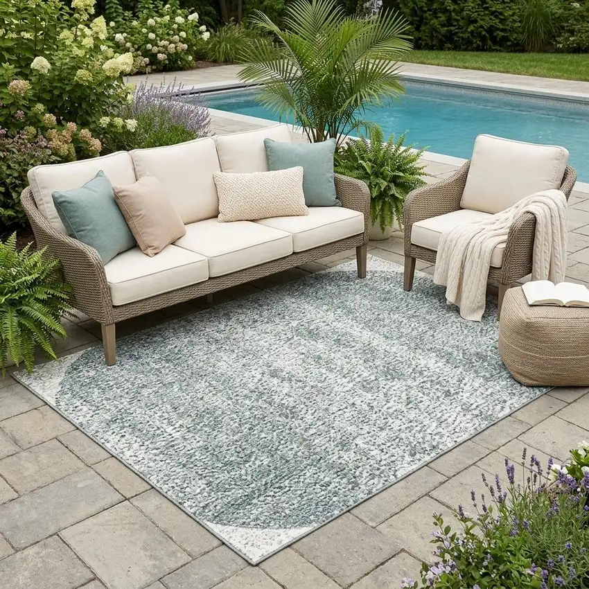 Ivory And Wheat Geometric Washable Indoor Outdoor Area Rug Photo 1