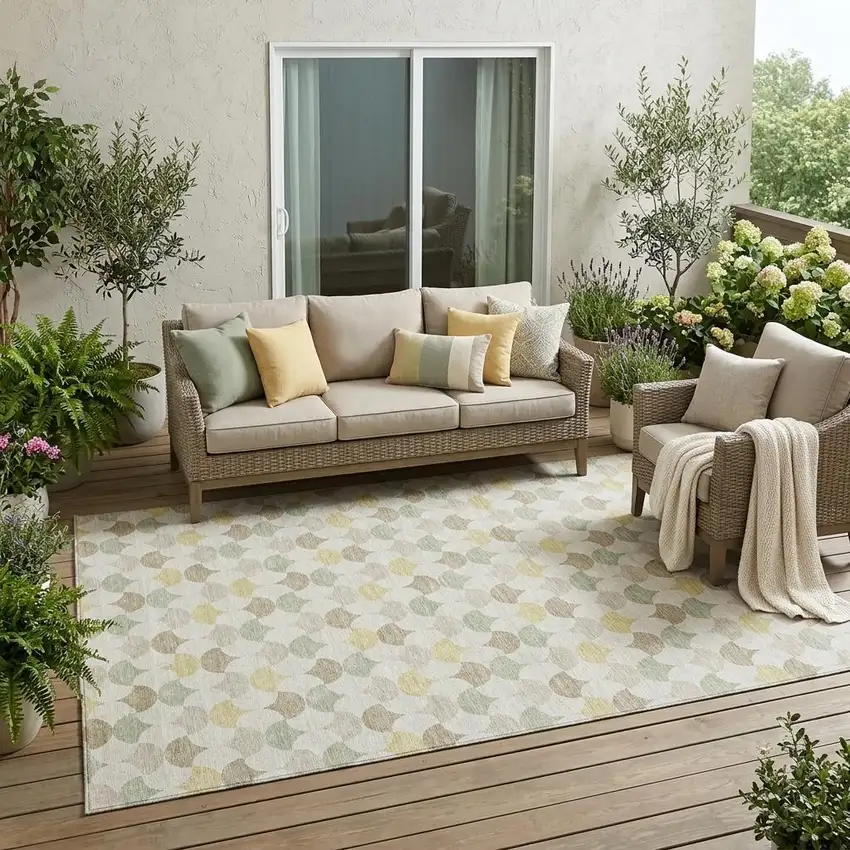 Ivory And Wheat Geometric Washable Indoor Outdoor Area Rug Photo 1