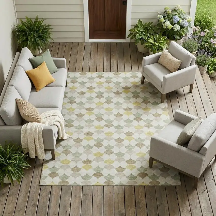 Ivory And Wheat Geometric Washable Indoor Outdoor Area Rug Photo 1