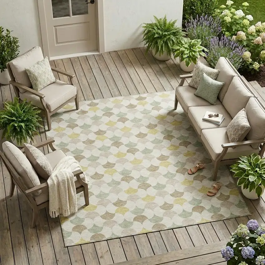 Ivory And Wheat Geometric Washable Indoor Outdoor Area Rug Photo 1