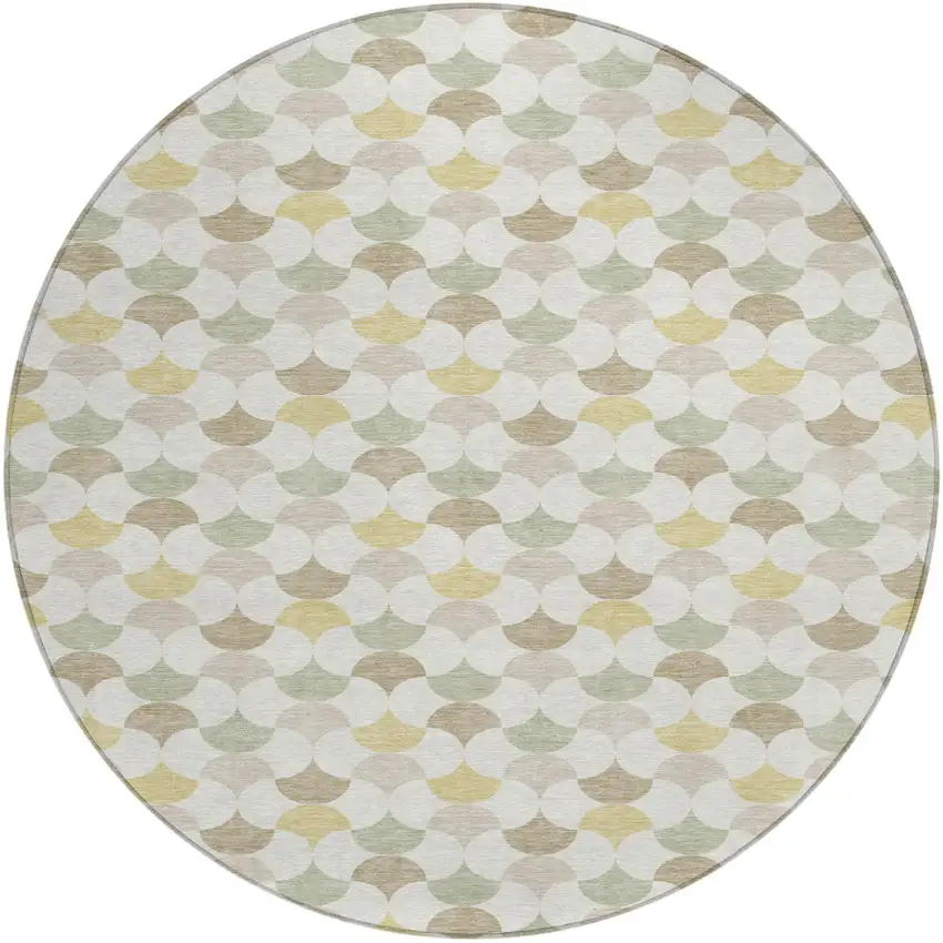Ivory And Wheat Round Geometric Washable Indoor Outdoor Area Rug Photo 1