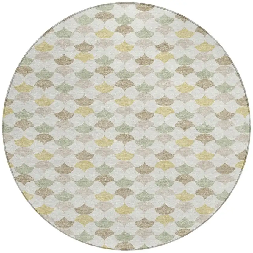 Ivory And Wheat Round Geometric Washable Indoor Outdoor Area Rug Photo 3